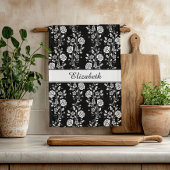 Schwarz-Weiß-Rose Muster Name drucken Geschirrtuch