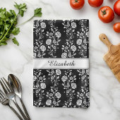 Schwarz-Weiß-Rose Muster Name drucken Geschirrtuch