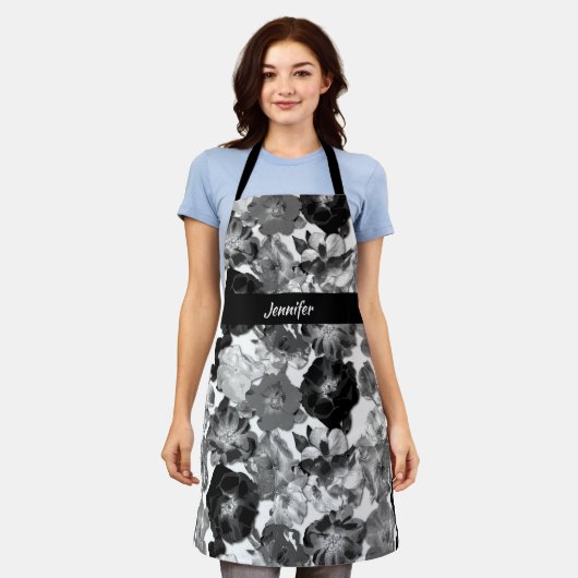 Schwarz-Weiß-Rose Schürze (Getragen)