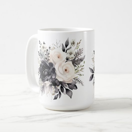 Schwarz-Weiß-Rosen auf Weiß Kaffeetasse (Vorderseite Links)