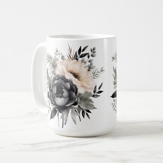 Schwarz-Weiß-Rosen auf Weiß Kaffeetasse (Vorderseite Links)