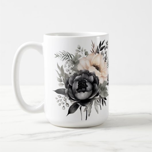 Schwarz-Weiß-Rosen auf Weiß Kaffeetasse (Links)
