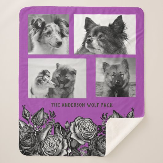 Schwarz-Weiß-Rosen Bright Lila FotoCollage Sherpadecke (Vorderseite)