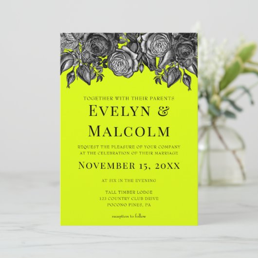 Schwarz-Weiß-Rosen-Lime-Grüne Hochzeit Einladung (Stehend Vorderseite)