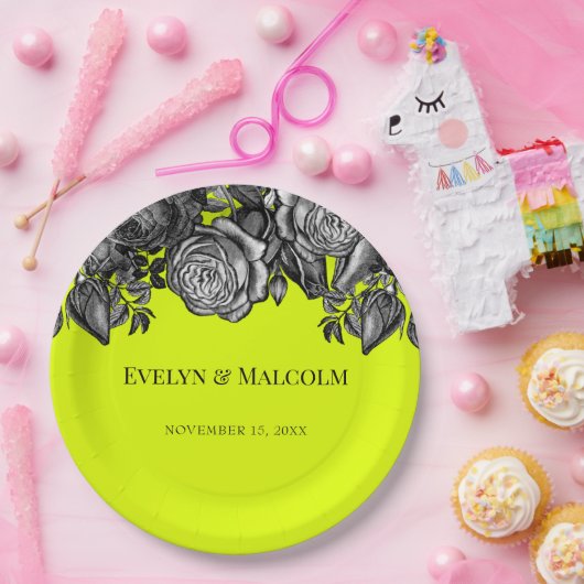 Schwarz-Weiß-Rosen-Lime-Grüne Hochzeit Pappteller (Party)