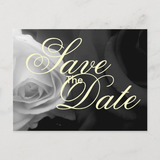 Schwarz-Weiß-Rosen Save the Date Ankündigungspostkarte (Vorderseite)