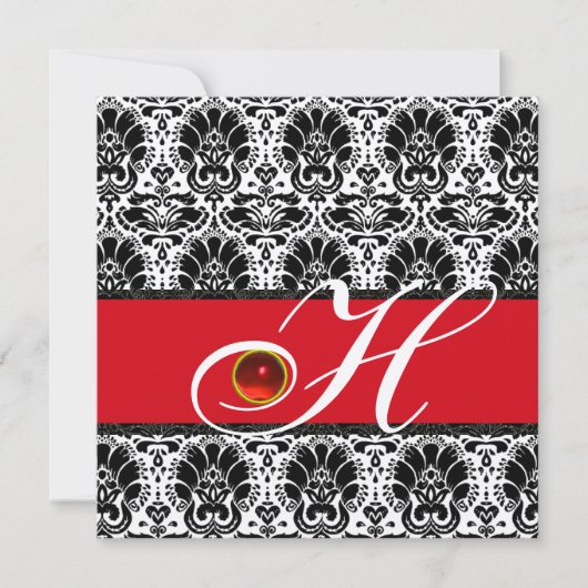 SCHWARZ WEISS ROT CHAMPAGNER DAMAST MONOGRAMM Ruby Einladung (Vorderseite)