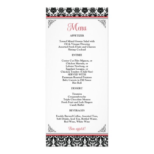 Schwarz, Weiß, Rot-Damast-Liebe-Herz-Menü Hochzeit Werbekarte (Hinten)