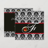 SCHWARZ WEISS ROT SILBER DAMAST MONOGRAMM Ruby Einladung (Vorne/Hinten)