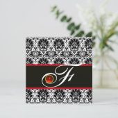 SCHWARZ WEISS ROT SILBER DAMAST MONOGRAMM Ruby Einladung (Stehend Vorderseite)