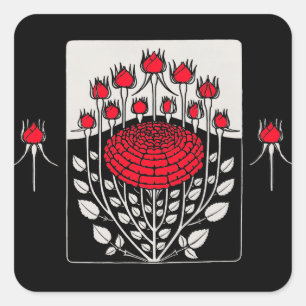 SCHWARZ WEIß ROTE ROSEN ,ROSENKNOSPEN Art Nouveau  Quadratischer Aufkleber