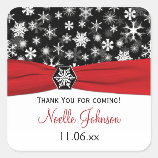 Schwarz, Weiß, Rote Schneeflocken Brautparty Stick Quadratischer Aufkleber (Vorderseite)