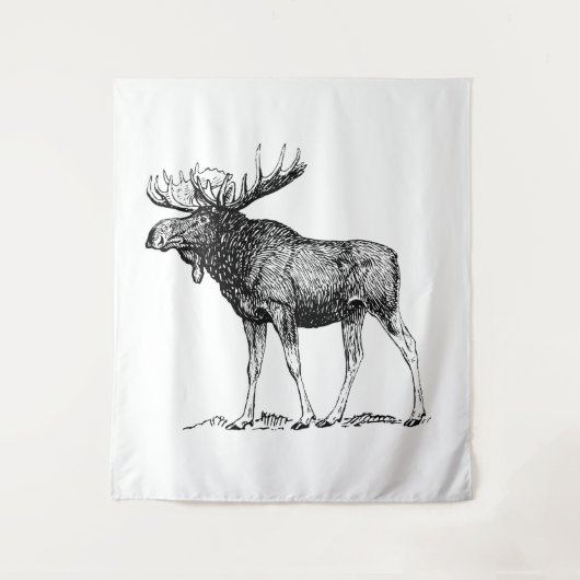 Schwarz-Weiß-Rustikal-Elch-Illustration Wandteppich (Vorderseite)