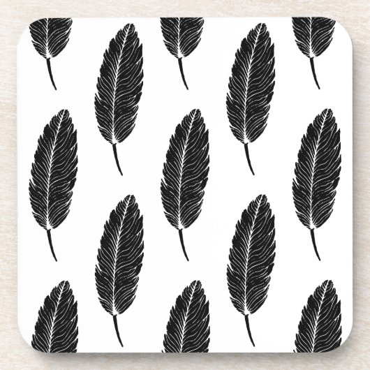 Schwarz-Weiß-Rustikal-Feather-Linocut Getränkeuntersetzer (Vorderseite)