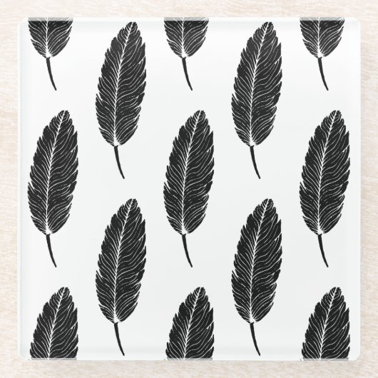 Schwarz-Weiß-Rustikal-Feather-Linocut Glasuntersetzer (Vorderseite)