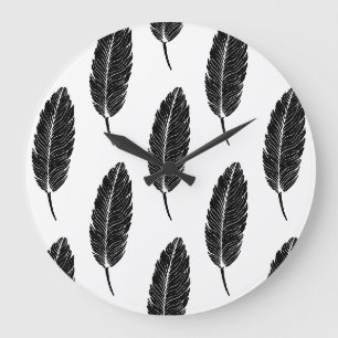 Schwarz-Weiß-Rustikal-Feather-Linocut Große Wanduhr