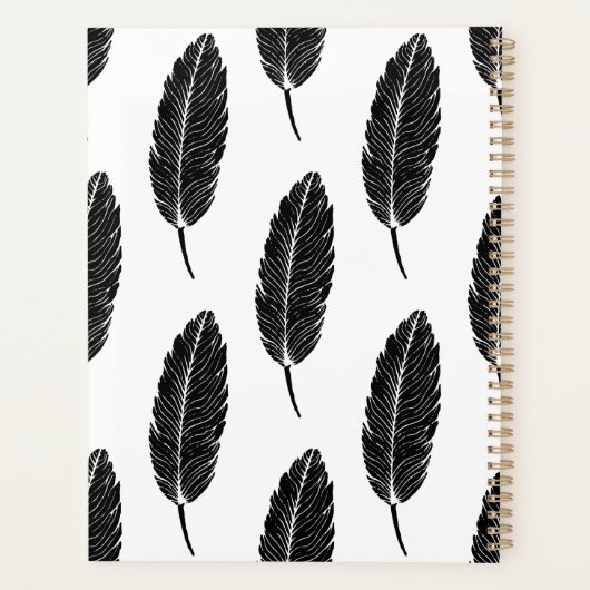 Schwarz-Weiß-Rustikal-Feather-Linocut-Muster Planer (Rückseite)