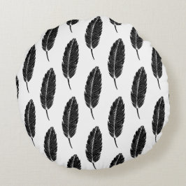 Schwarz-Weiß-Rustikal-Feather-Linocut Rundes Kissen