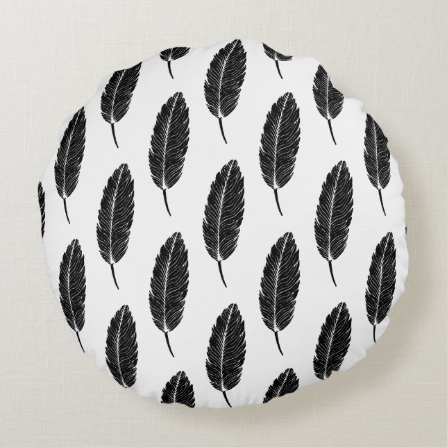 Schwarz-Weiß-Rustikal-Feather-Linocut Rundes Kissen (Rückseite)