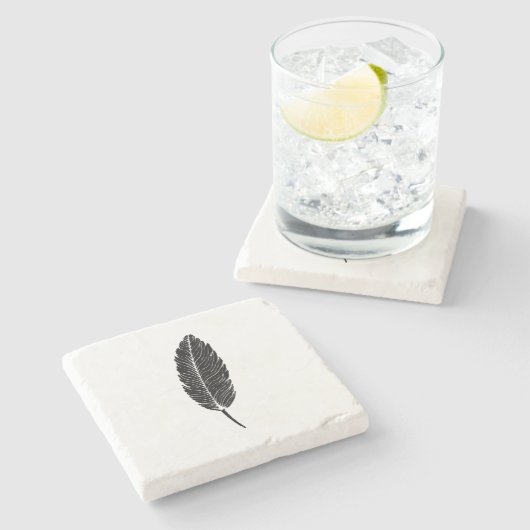 Schwarz-Weiß-Rustikal-Feather-Linocut Steinuntersetzer (Seitenansicht)