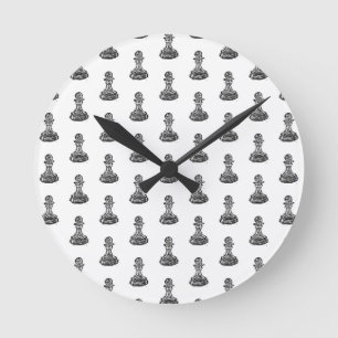 Schwarz & Weiß Schachfiguren Linocut Pawn Runde Wanduhr