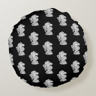 Schwarz & Weiß Schachfiguren Linocut Ritter Rundes Kissen
