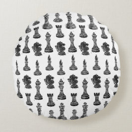 Schwarz-Weiß-Schachfiguren Linocut Rundes Kissen