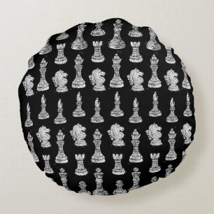 Schwarz-Weiß-Schachfiguren Linocut Rundes Kissen