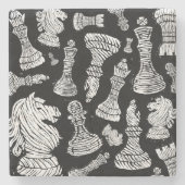 Schwarz-Weiß-Schachfiguren Linocut Steinuntersetzer (Vorderseite)