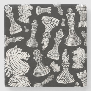 Schwarz-Weiß-Schachfiguren Linocut Steinuntersetzer