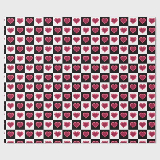 Schwarz-Weiß-Schachmuster, rote Herzen Geschenkpapier (Flach)