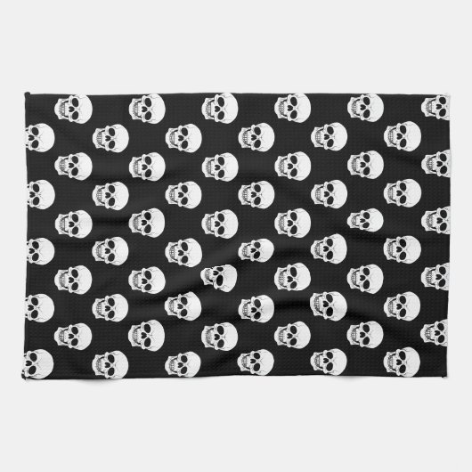 Schwarz-Weiß-Schädelmuster Minimaler Halloween Geschirrtuch (Horizontal)