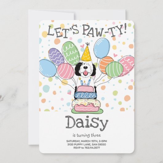Schwarz-Weiß-Schafaddel-Hund Geburtstagsparty Einladung (Vorderseite)