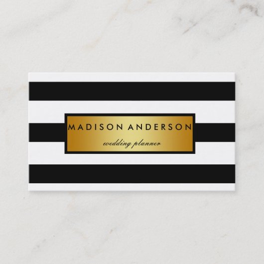 Schwarz-Weiß-Schick-Streifen in Gold-Visitenkarte Visitenkarte (Vorderseite)