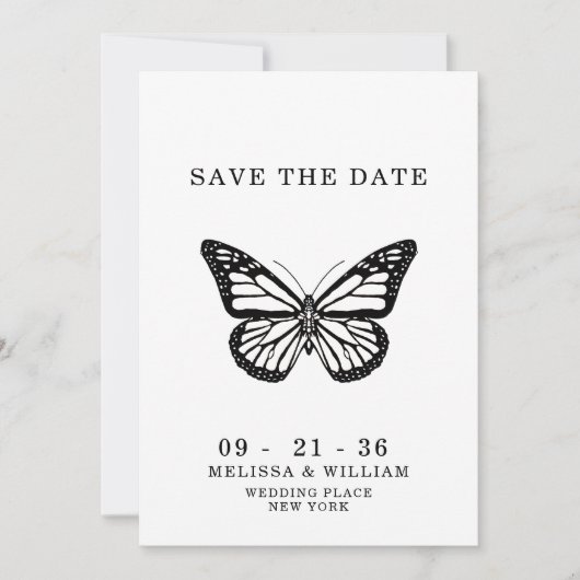 Schwarz-Weiß-Schmetterling Hochzeit Save The Date (Vorderseite)