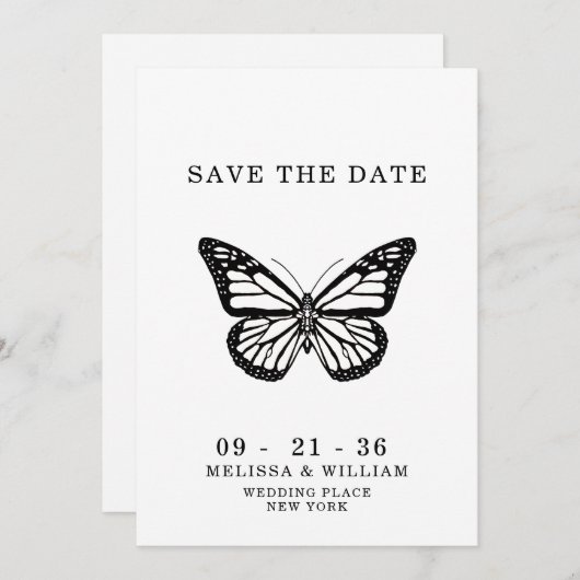 Schwarz-Weiß-Schmetterling Hochzeit Save The Date (Vorne/Hinten)