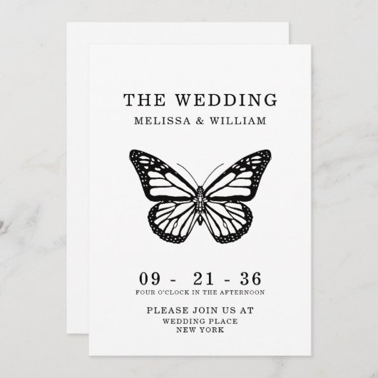 Schwarz-Weiß-Schmetterling Moderne einfache Hochze Einladung (Vorne/Hinten)
