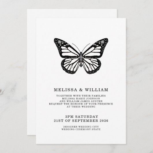 Schwarz-Weiß-Schmetterling Moderne Hochzeit Einladung (Vorne/Hinten)