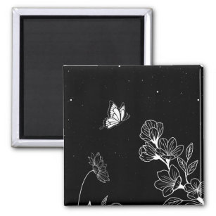 Schwarz-Weiß-Schmetterling und Blume in der Nacht Magnet
