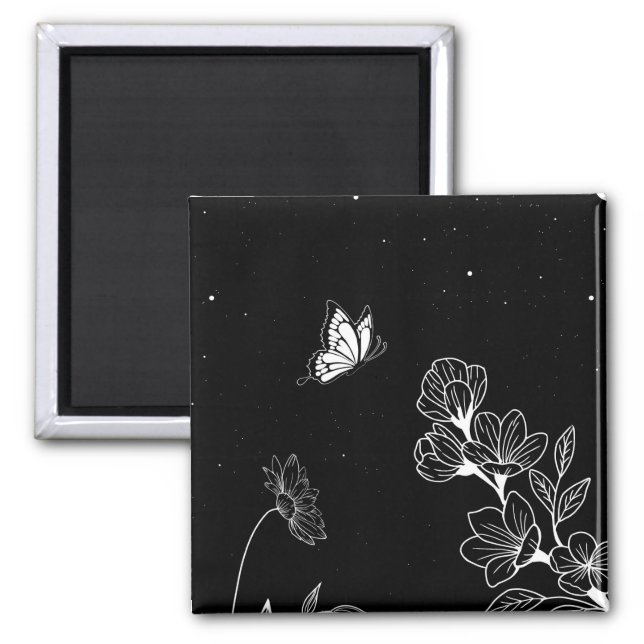 Schwarz-Weiß-Schmetterling und Blume in der Nacht  Magnet (Vorne)