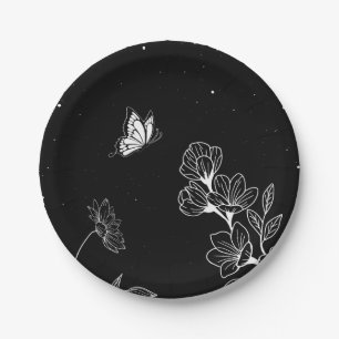 Schwarz-Weiß-Schmetterling und Blume in der Nacht  Pappteller
