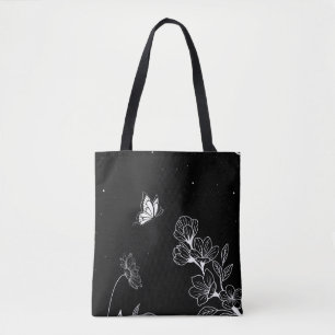 Schwarz-Weiß-Schmetterling und Blume in der Nacht Tasche