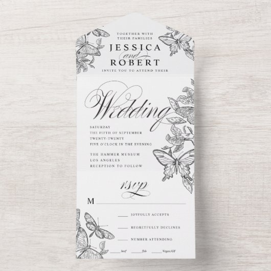 Schwarz-Weiß-Schmetterlinge All In One Einladung (Innen Boden)