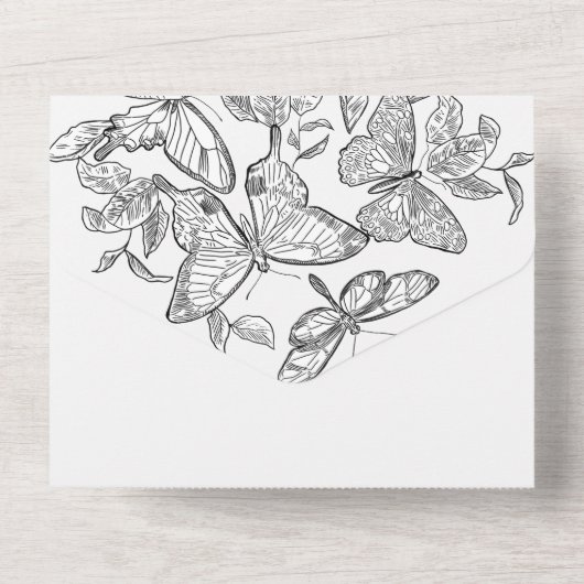 Schwarz-Weiß-Schmetterlinge All In One Einladung (Rückseite)