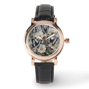 Schwarz-Weiß-Schmetterlinge auf weißen Blume, Armbanduhr
