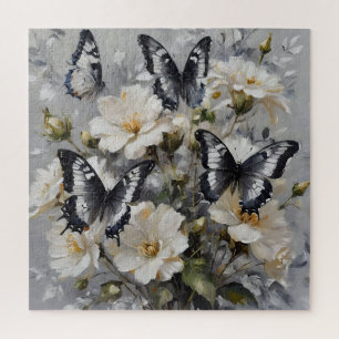 Schwarz-Weiß-Schmetterlinge auf weißen Blume, Puzzle