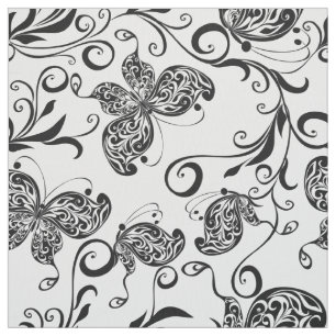 Schwarz-Weiß-Schmetterlinge & Blume-Muster Stoff