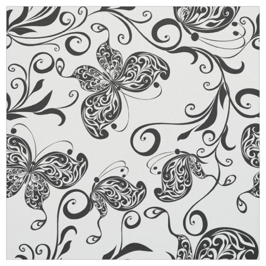 Schwarz-Weiß-Schmetterlinge & Blume-Muster Stoff (Muster)