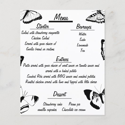 Schwarz-Weiß-Schmetterlinge-Hochzeitsmenü (Vorderseite)