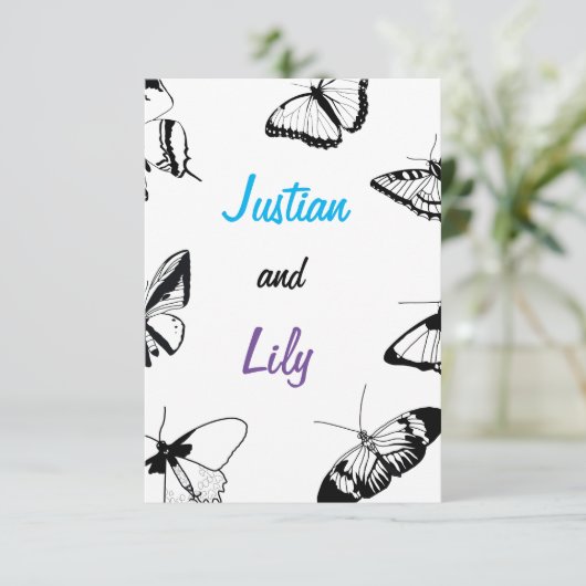 Schwarz-Weiß-Schmetterlinge Save The Date (Stehend Vorderseite)